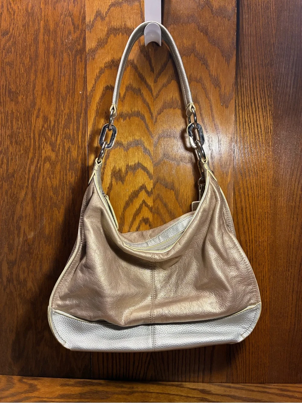 Tignanello Metallic Leather Shoulder Hobo Bag Gold Silver 14x11